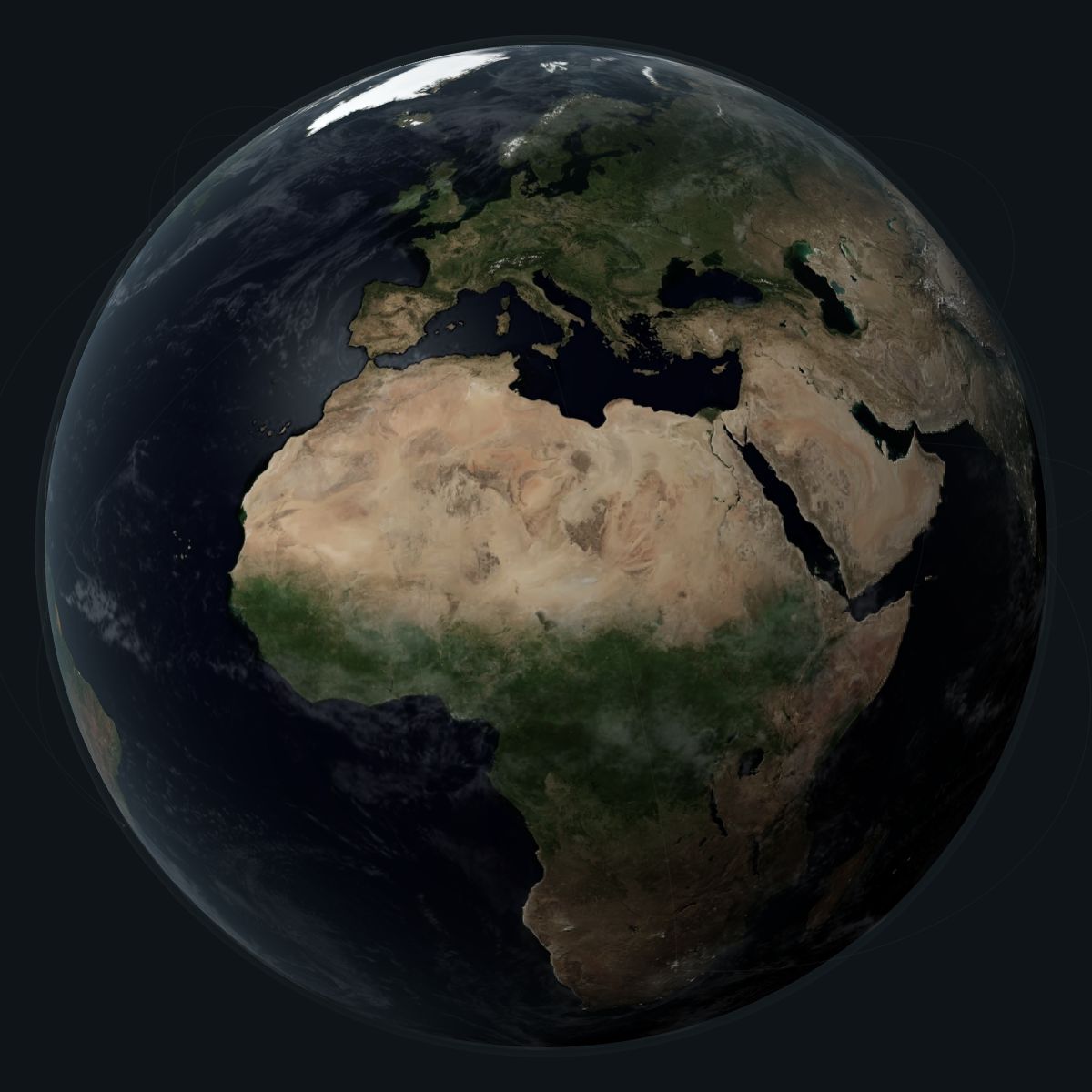 Earth viewed over Europe, Africa and Asia, with subtle global connections.
